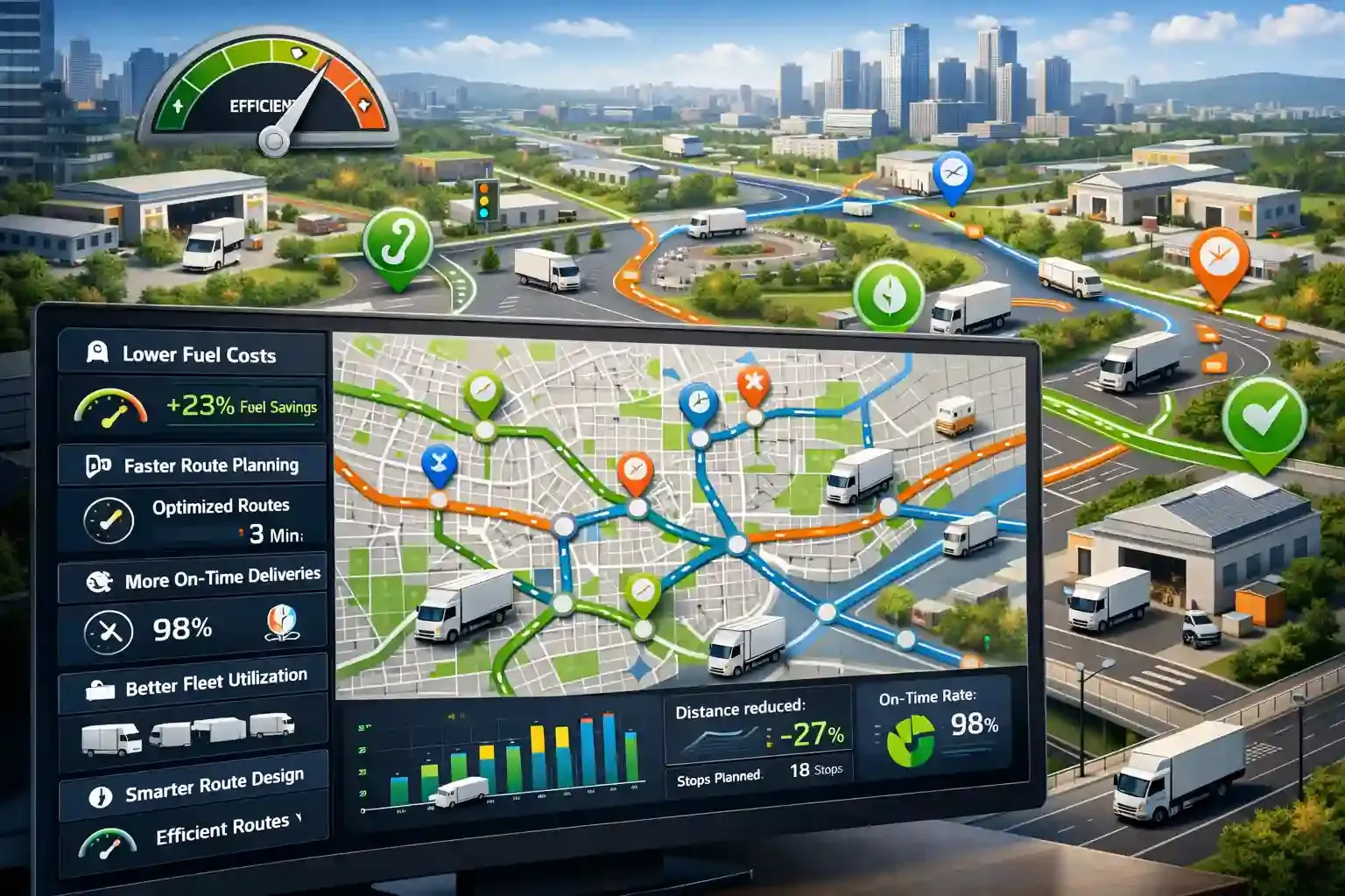 Optimized delivery routes and logistics dashboard showing fleet efficiency metrics